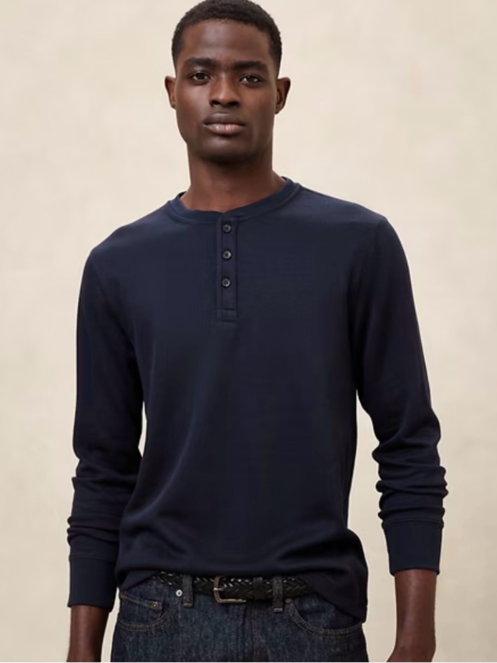 Banana Republic Mens Medium Waffle Knit Henley Sweater Charcoal Gray Long Sleeve